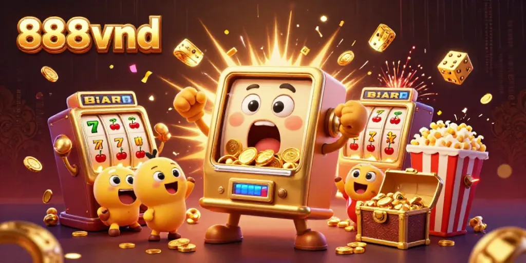 Experience the excitement with 888vnd as the golden slot machine wins a jackpot showering coins.