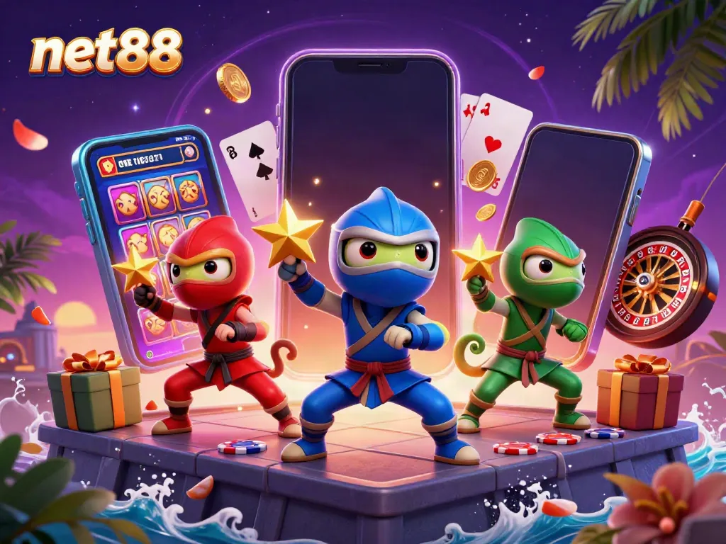 Join the net88 chameleon ninjas in an action-packed slot game scene with vibrant casino elements.