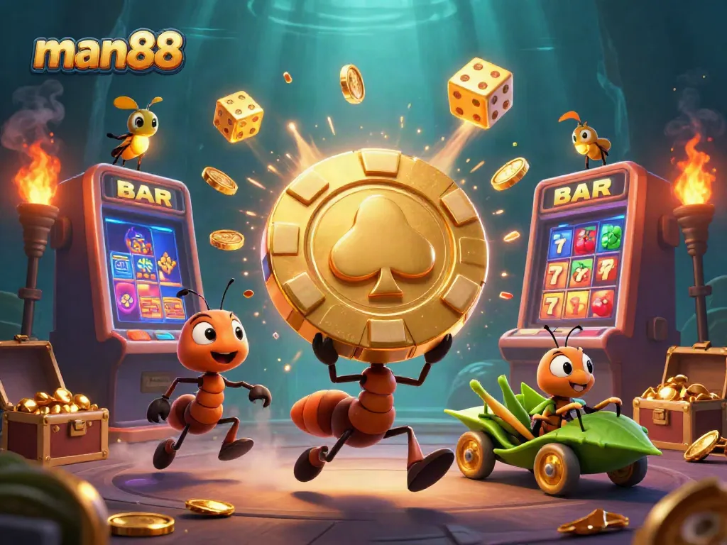 Experience thrilling wins at man88 as cartoon ants pull off a heist for giant poker chip amidst explosive casino excitement.