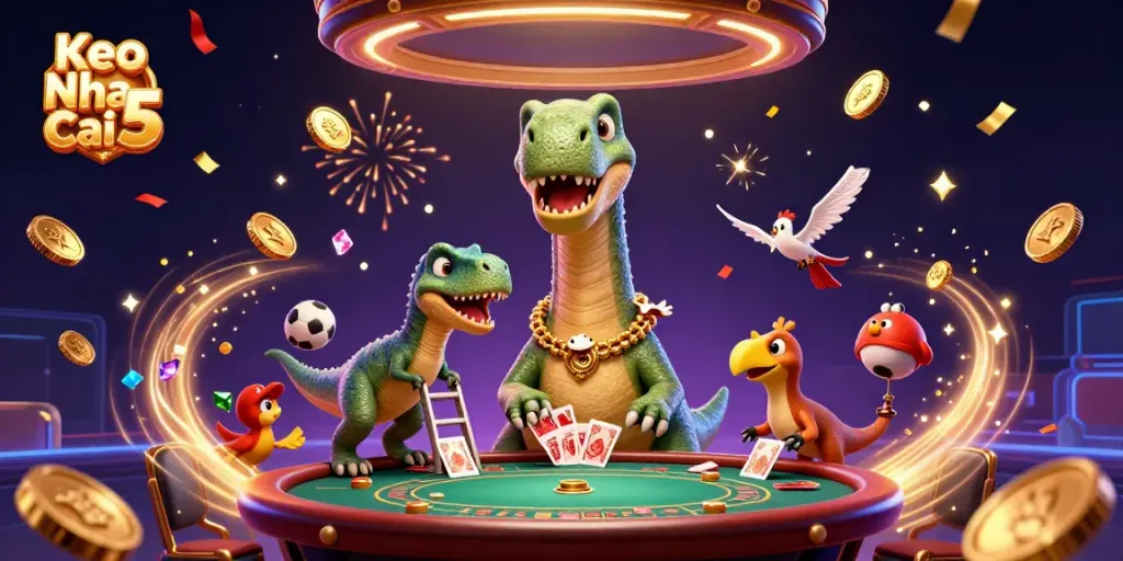 Engage with Keo Nha Cai 5 as a brontosaurus oversees a captivating sports betting scene filled with vibrant details.