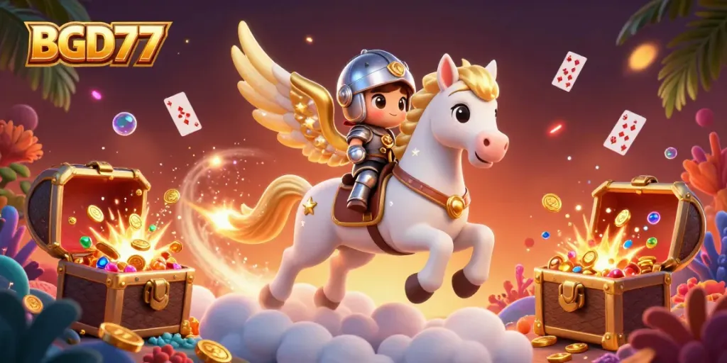 Experience the magic of BGD77 with a 3D cartoon celestial scene bursting gold coins and card elements.