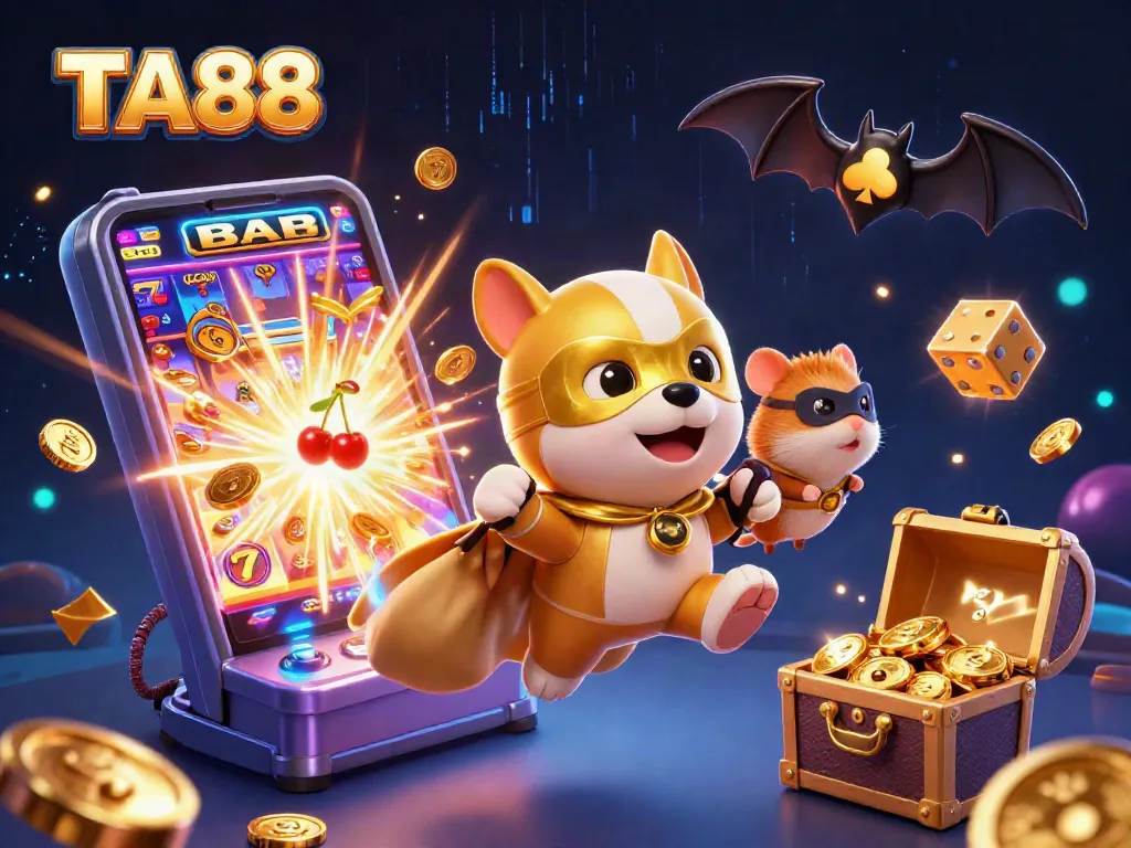 TA88 offers thrilling gaming experiences as a superhero dog saves jackpots in a casino scene.