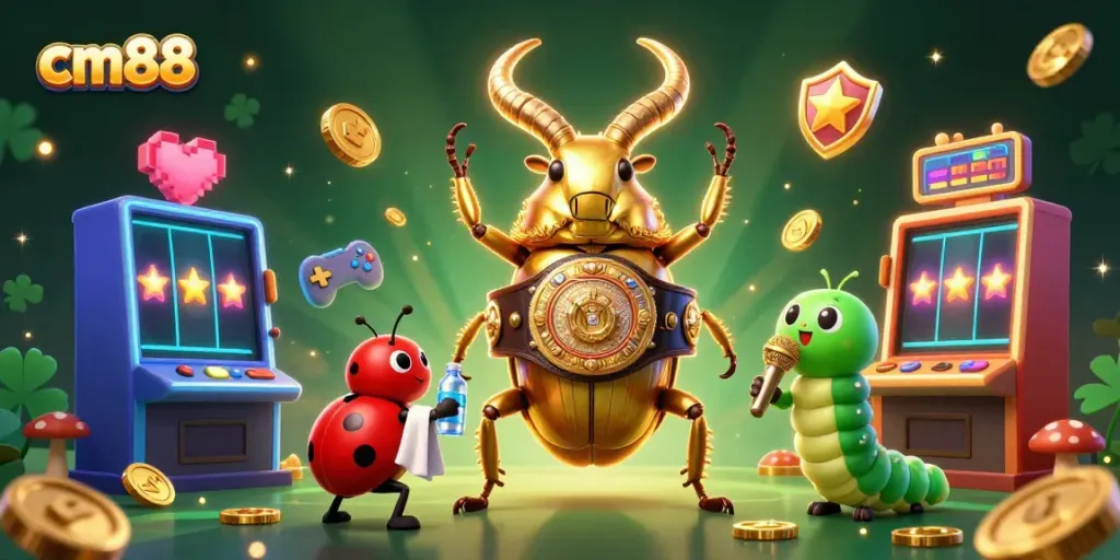 Experience thrilling gaming fun with cm88's vibrant 3D cartoon casino scene packed with colorful slot machines and characters.