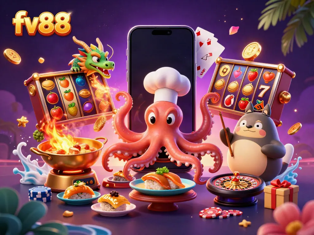 fv88 immersive slot gaming scene with octopus chef and dragon in a vibrant casino