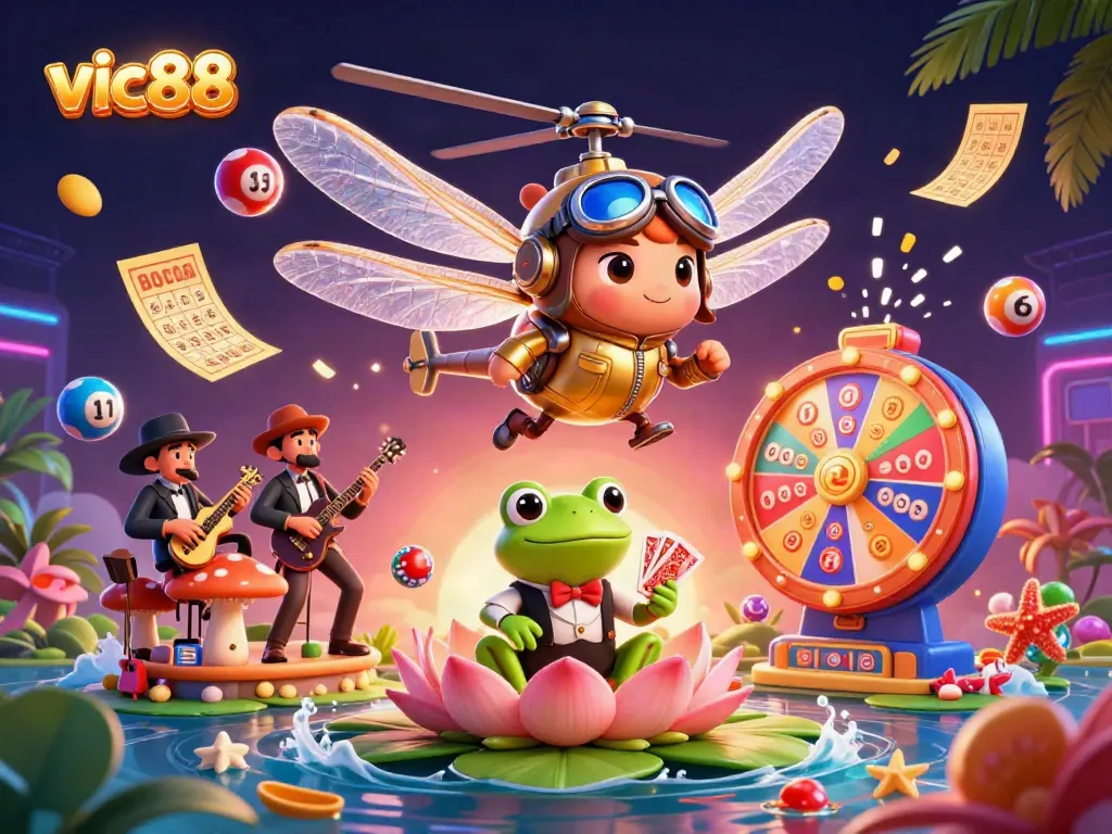 Engage in exciting lotto action at vic88 with colorful lottery elements and a vibrant casino scene.