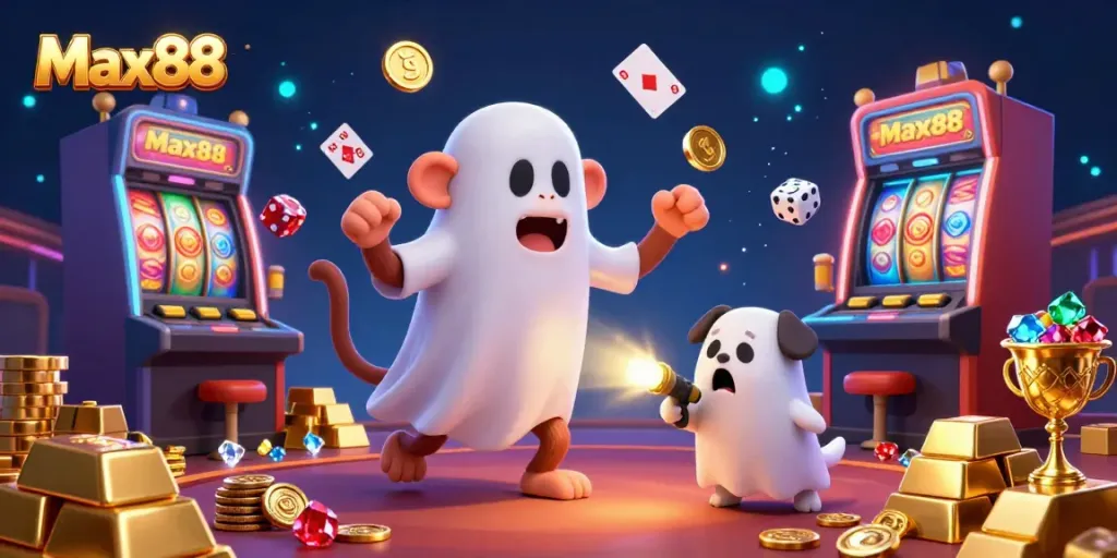 Experience the thrill of Max88 with our vibrant 3D casino scene featuring playful characters and sparkling treasures.