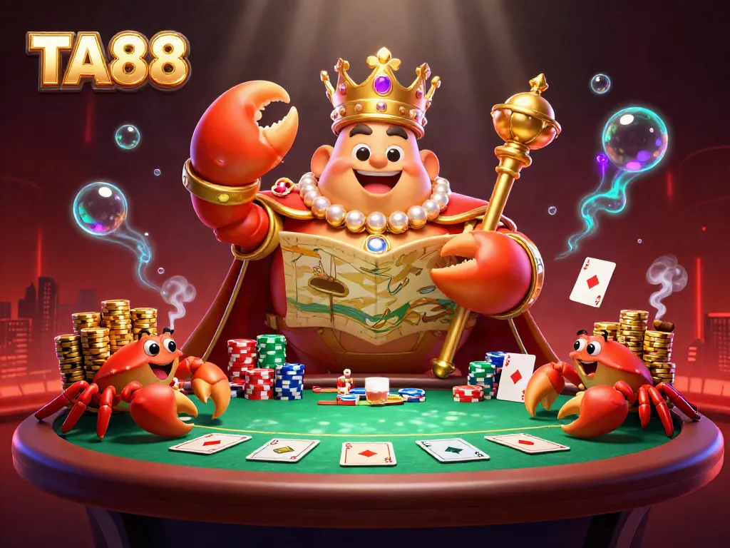 Engage in the vibrant TA88 casino scene with a royal crab emperor commanding a treasure map and golden chips.