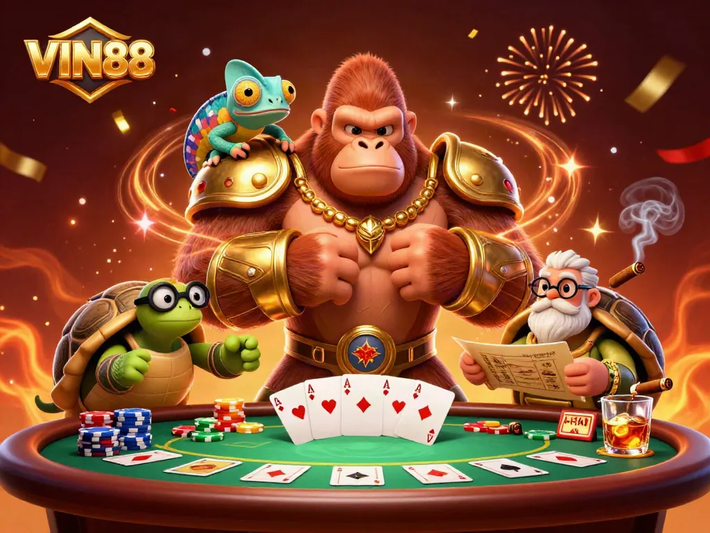 Engage in thrilling gameplay with VIN88's dynamic casino atmosphere featuring colorful characters.