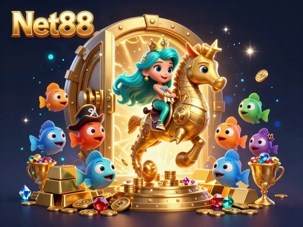 Experience the allure of Net88 as a mermaid princess rides through treasure-filled underwater adventure.