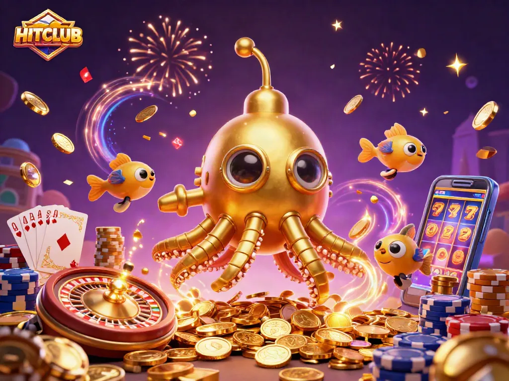 Experience the excitement of HITCLUB with a dynamic 3D scene featuring a golden kraken submarine and thrilling casino elements.