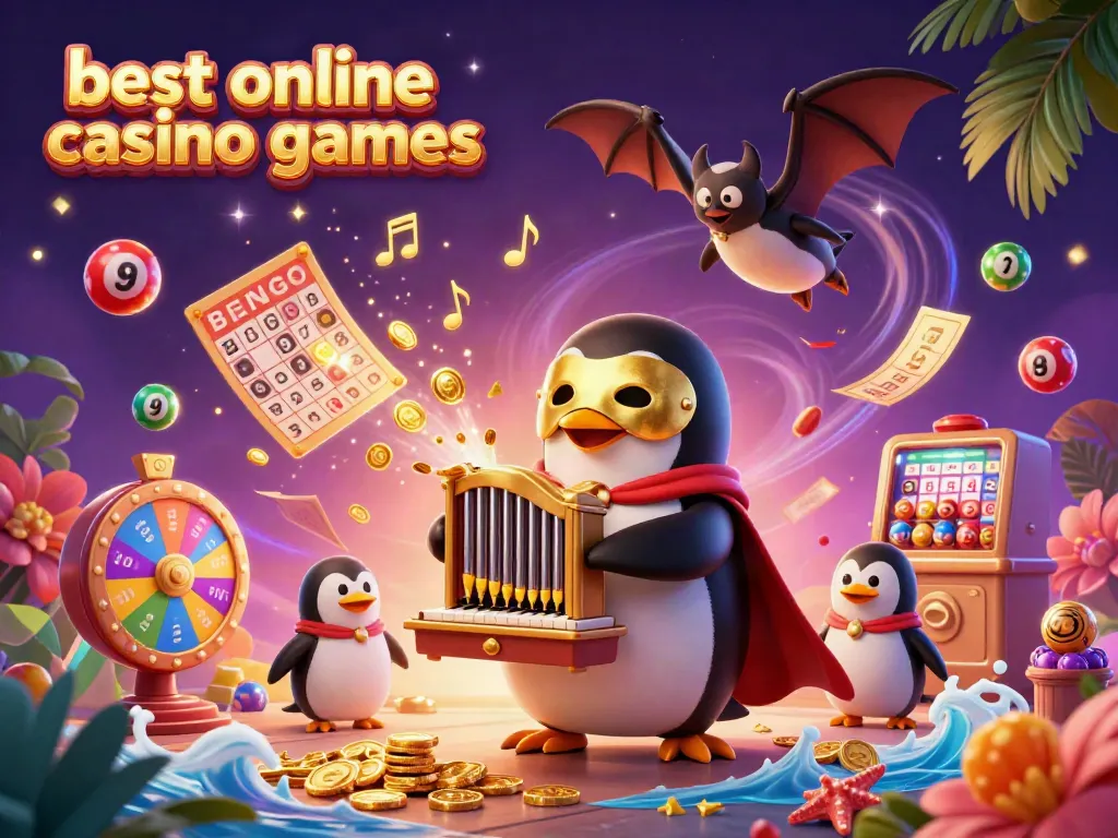 Experience the excitement of the best online casino games with a playful scene of a penguin playing an organ amid gold coins and lottery elements.