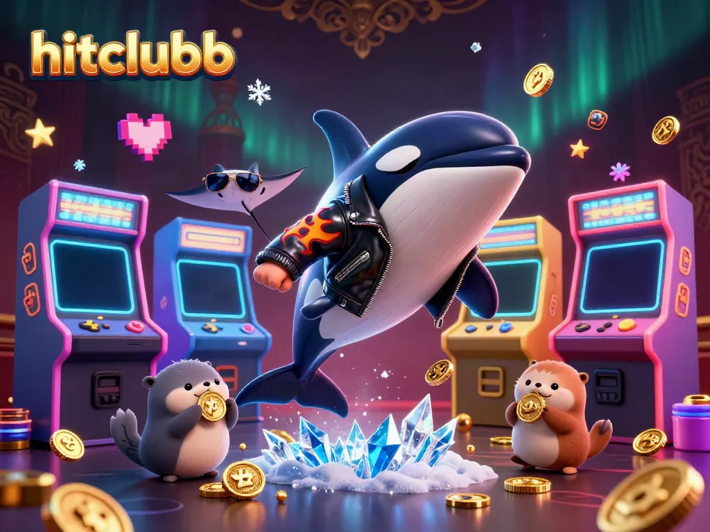 Engaging scene of hitclubb featuring a whimsical orca, stylish stingray, and otters with coins amidst vibrant gaming elements.