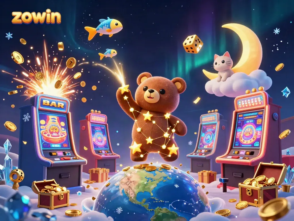 Catch coins with zowin's golden constellation bear amid a dazzling jackpot explosion.