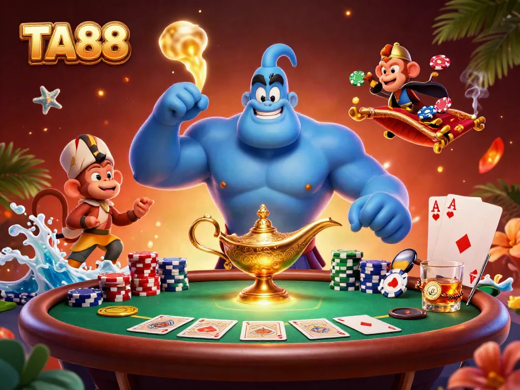 Experience the thrill of TA88 through an energetic scene of a genie and poker elements.