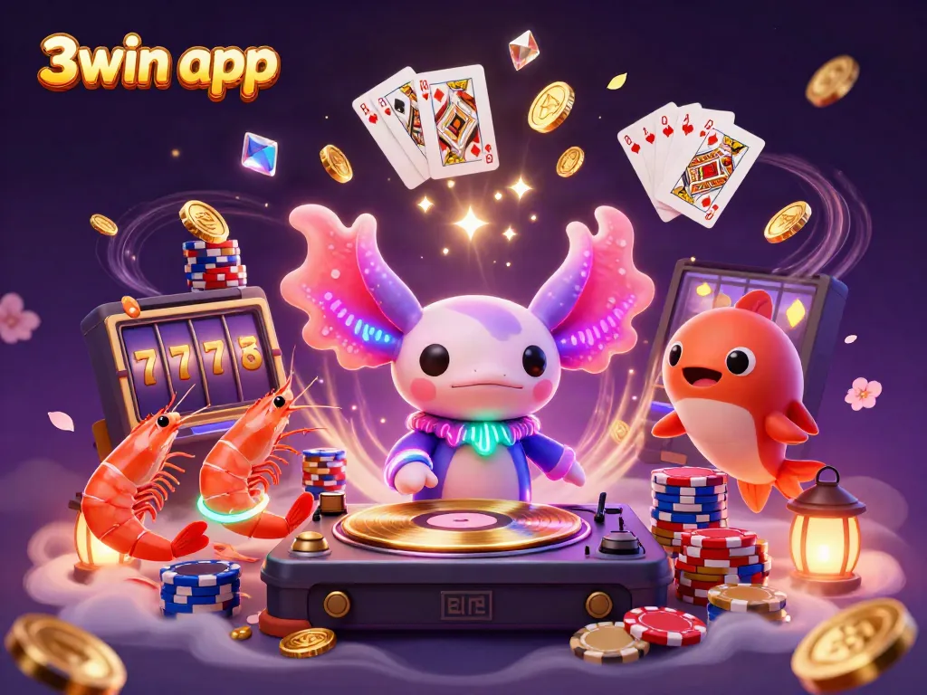 Join the fun with the 3win app in a vibrant, underwater casino-themed illustration featuring colorful characters and gaming elements.