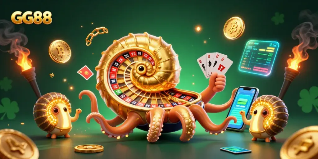 Engage in thrilling gameplay at GG88 with a giant nautilus roulette wheel and 3D coins.