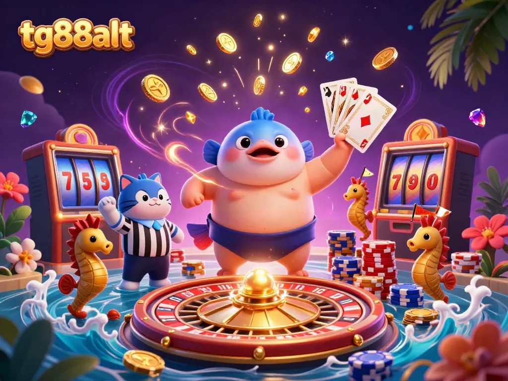 Engage in casino fun with tg88alt featuring a lively underwater scene of fugu and catfish referees.