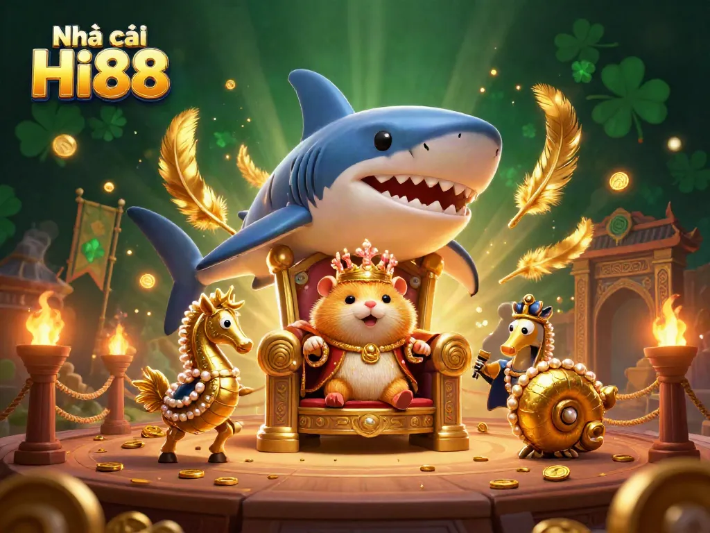 Bet on exciting games at Nhà cái Hi88 with golden hamster king and seahorse guards in this vibrant casino scene.