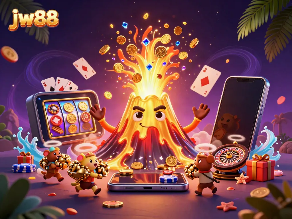 Win big with jw88! Experience a vibrant 3D casino scene featuring a golden volcano and treasure.