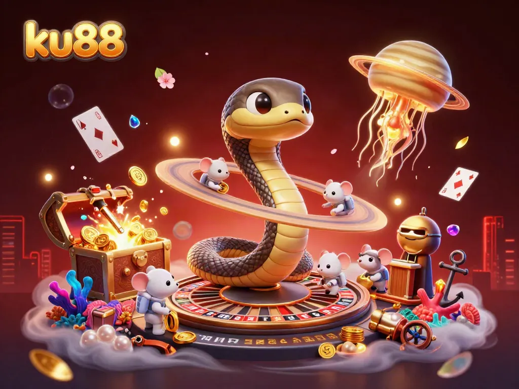Experience thrilling play at ku88 with astronaut mice betting on a cosmic roulette wheel, vibrant and dynamic scene