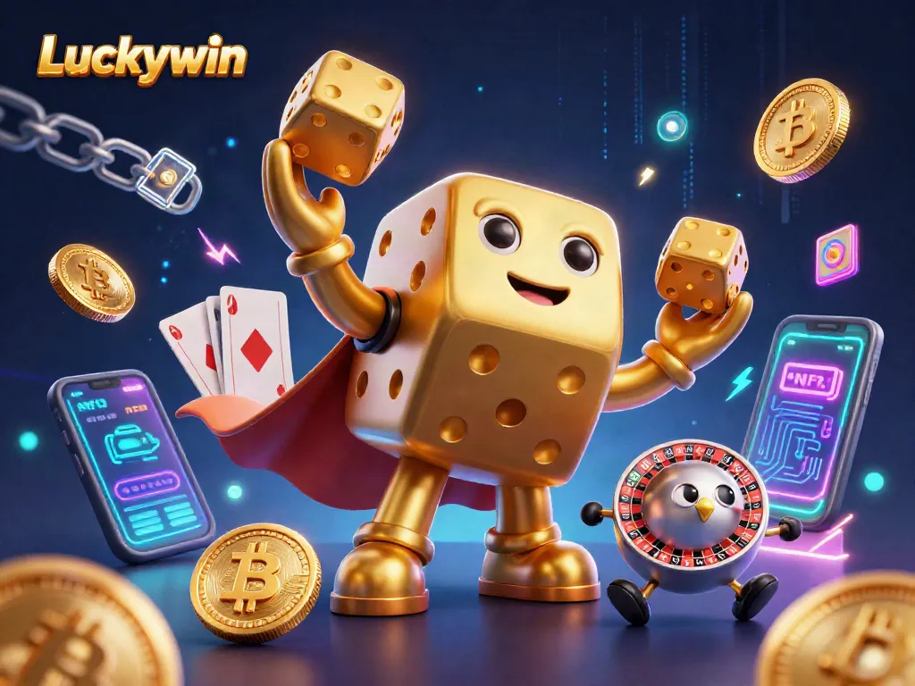 Luckywin’s vibrant casino scene showcases a dynamic golden dice golem and cryptocurrency elements bursting with energy.