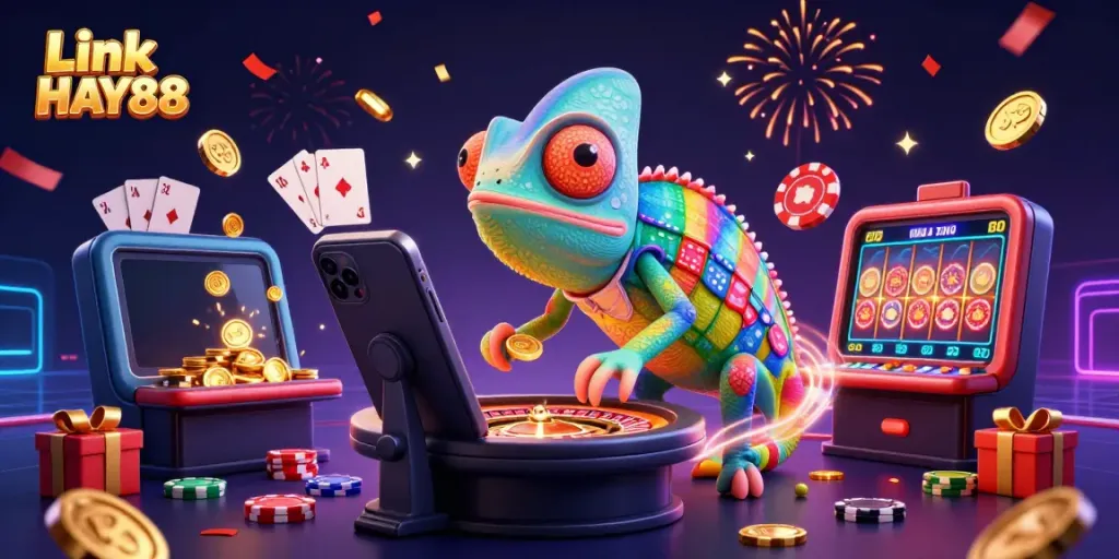 Experience the thrill of gaming with Link HAY88, featuring a vibrant casino scene with dynamic characters and games.