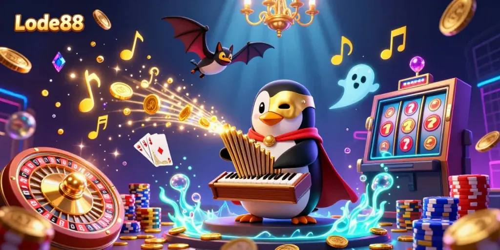 Experience the dynamic excitement of Lode88’s casino atmosphere with a penguin organist amidst golden coins and slot elements.