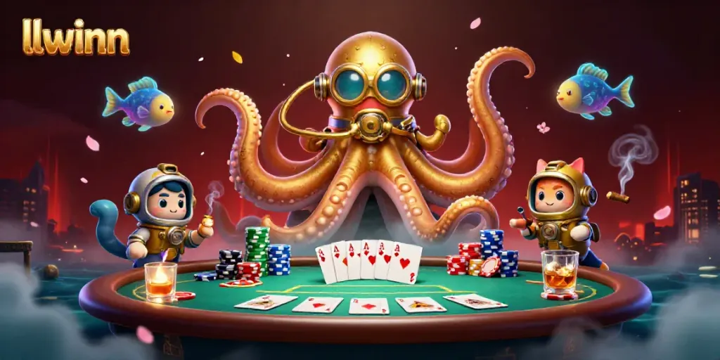 llwinn's vibrant casino scene featuring a kraken, diving cat, and poker elements