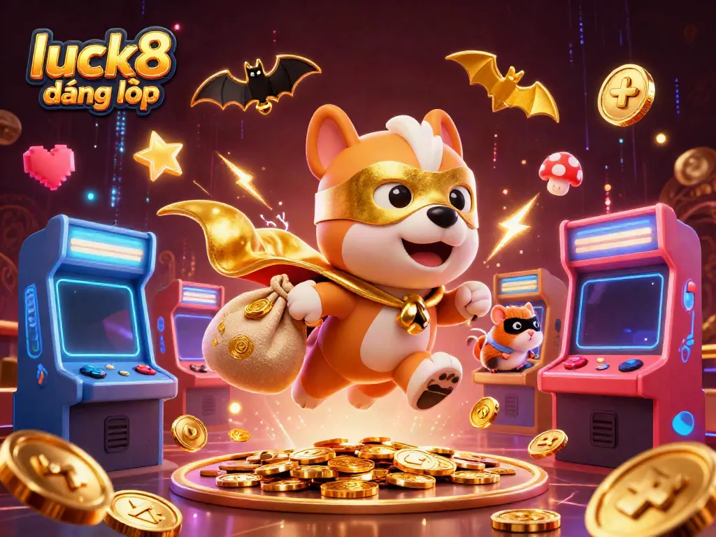Catching attention with luck8 đăng nhập, a cartoon superhero and sidekick soar through a vibrant casino scene.