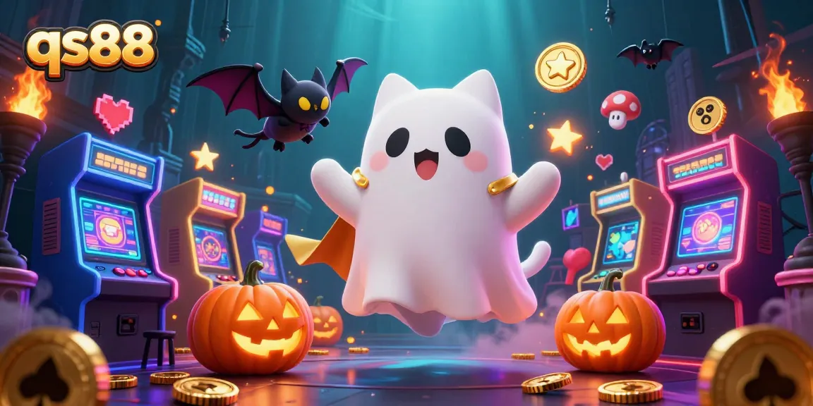 Join the ghost cat and vampire bat in an exciting qs88 casino adventure, illuminating the night.