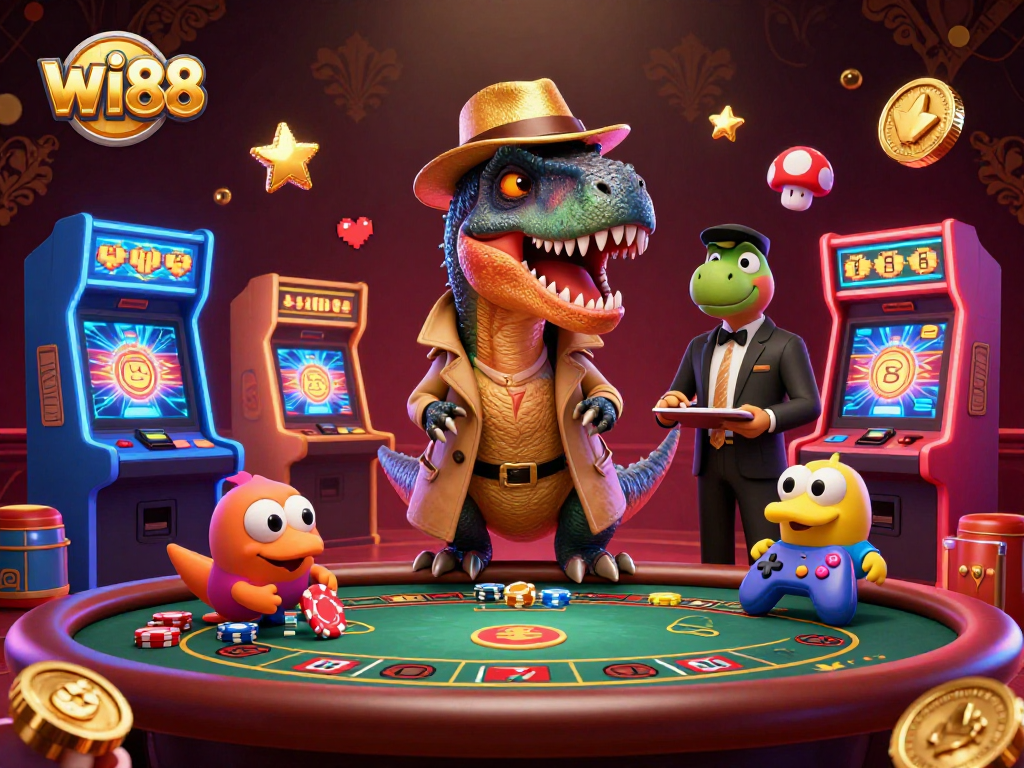 Experience the excitement with wi88's cartoon velociraptor and stegosaurus at a blackjack table in a vibrant casino.