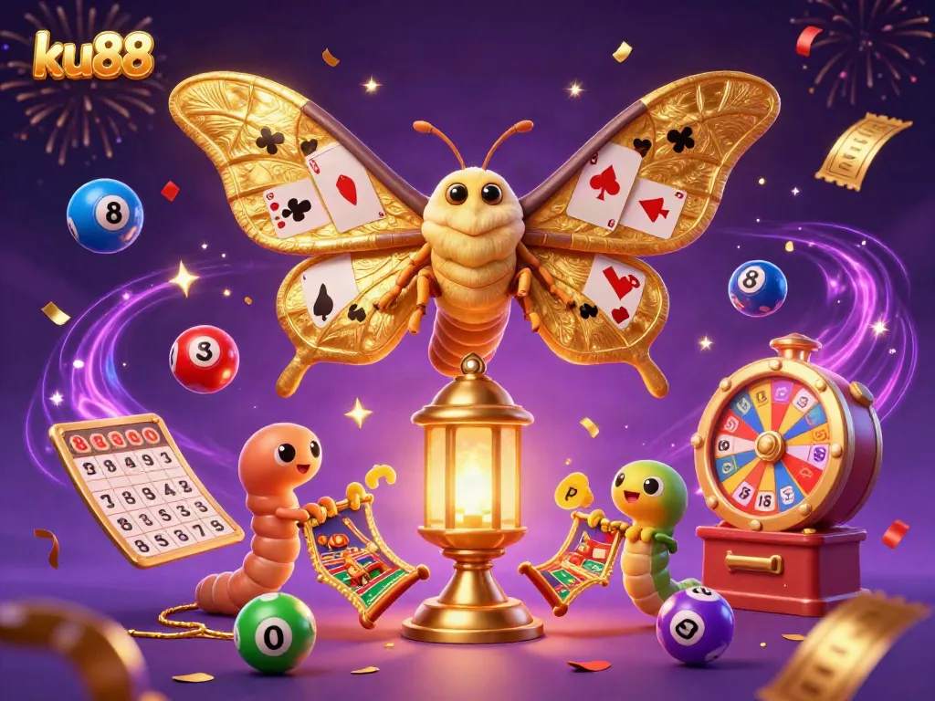 Engage in thrilling casino action with ku88's vibrant 3D illustration showcasing a moth and lottery elements.