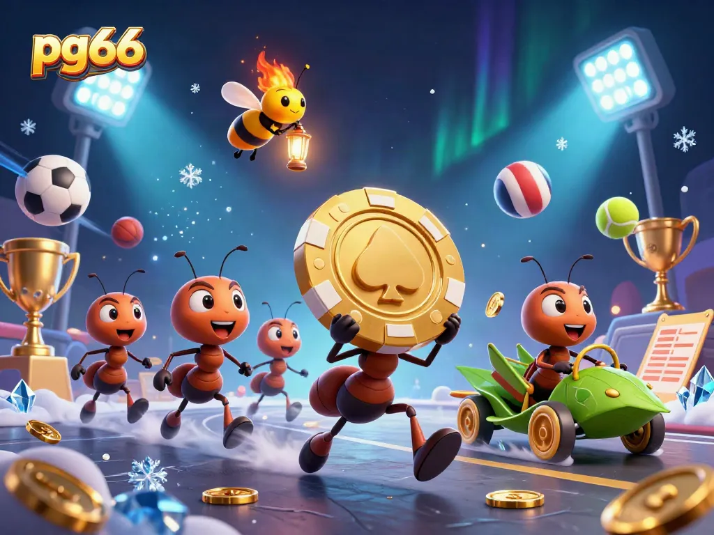 Engaging scene of pg66 where ants execute a heist carrying a giant poker chip surrounded by sports elements, enriching the gaming experience.