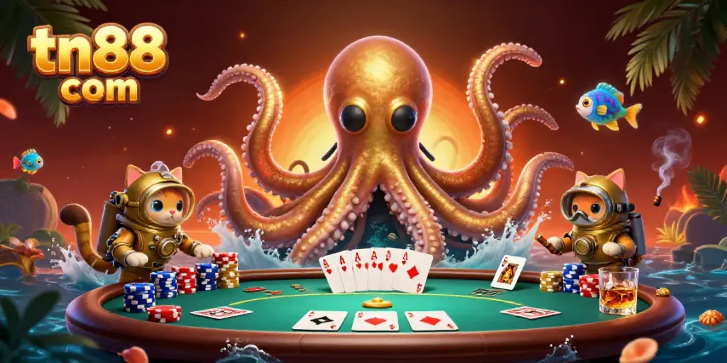 Join the adventure with tn88 com in this dynamic poker scene featuring a colossal kraken and a diving cat.