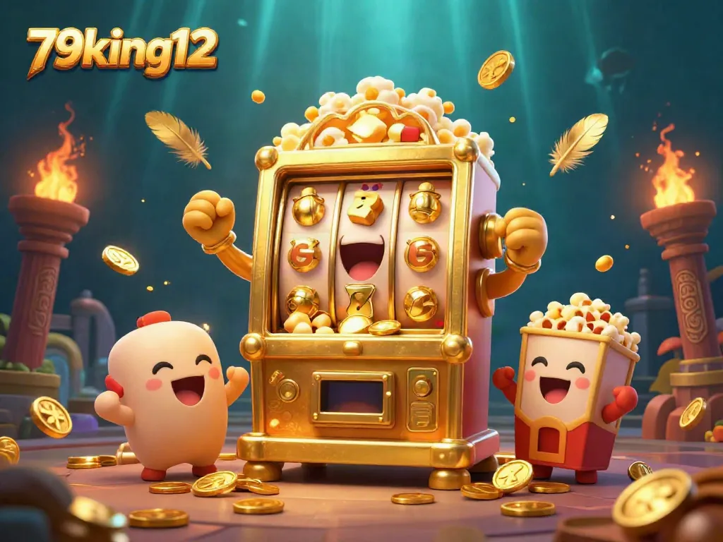 Experience the thrilling jackpot with the golden slot machine in 79king12, surrounded by celebration and excitement.
