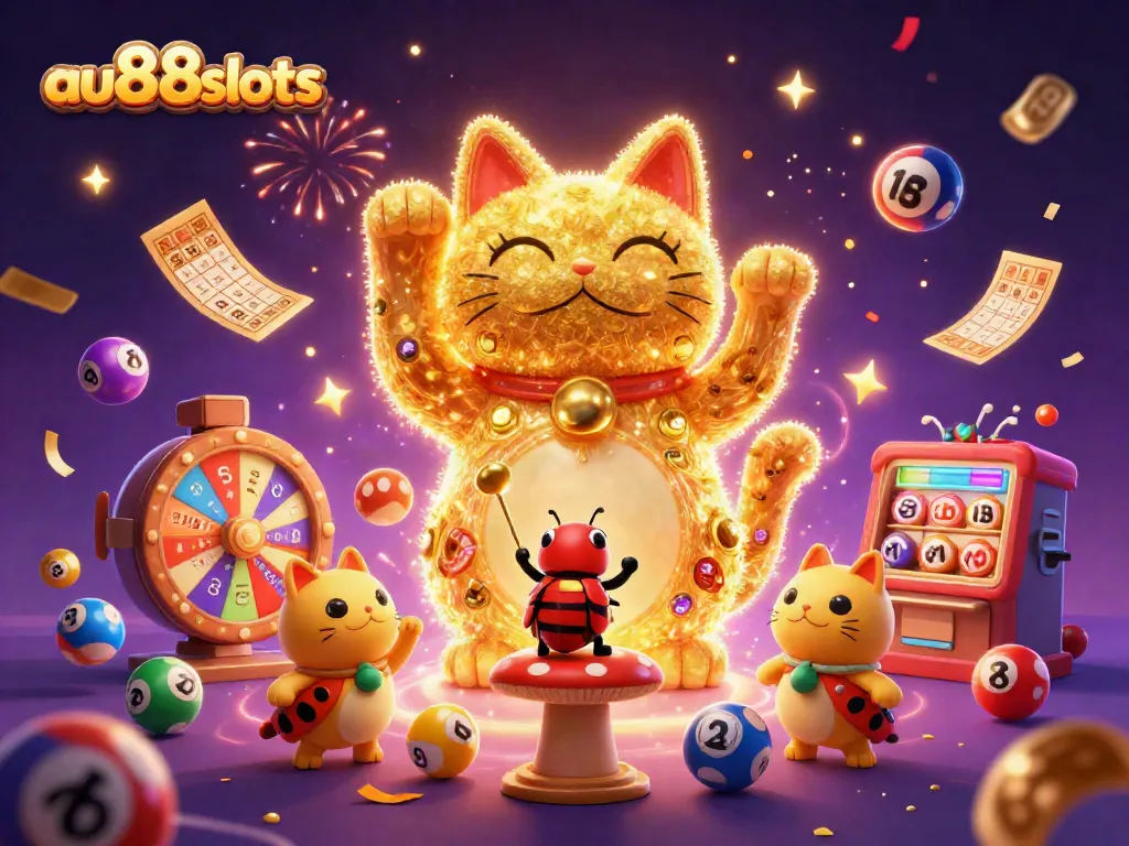 Experience the vibrant world of au88slots with a dazzling lucky cat and lively casino symbols.