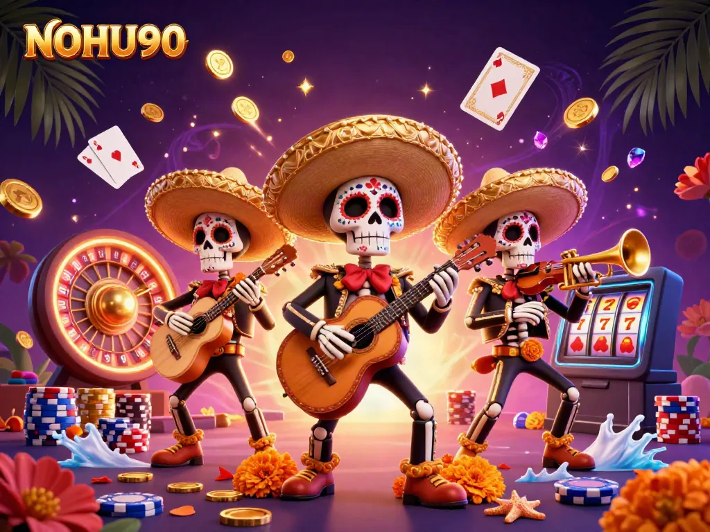 Engage with the NOHU90 mariachi band amidst a vibrant casino setting, filled with sparkling slots.