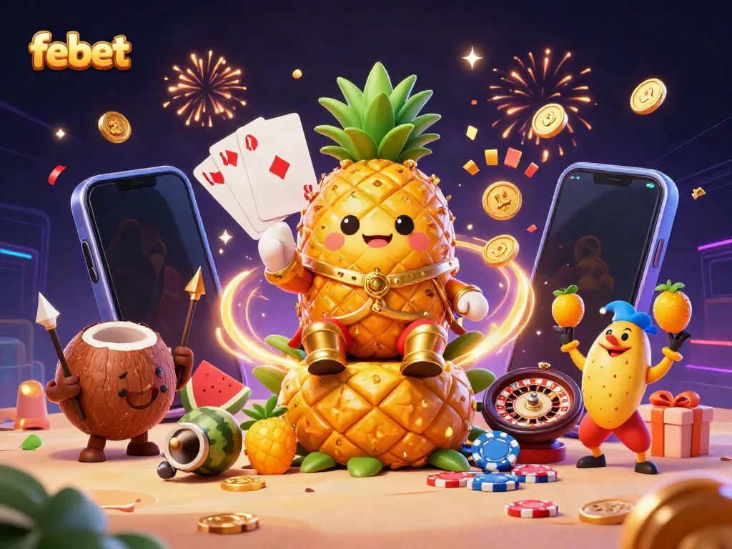 Experience the vibrant febet casino scene with a golden pineapple king and dynamic gaming elements.