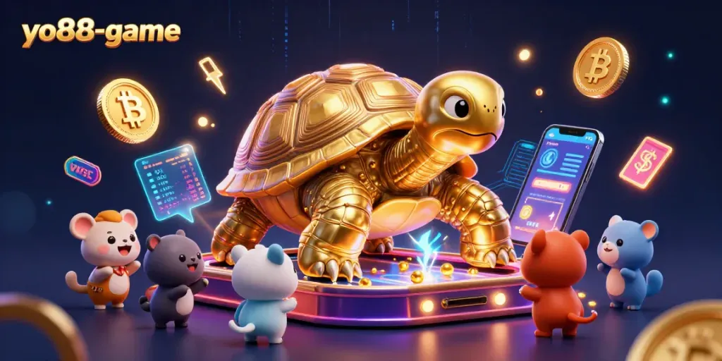 Play exciting games at yo88-game with a colossal golden tortoise pinball machine and crypto elements.