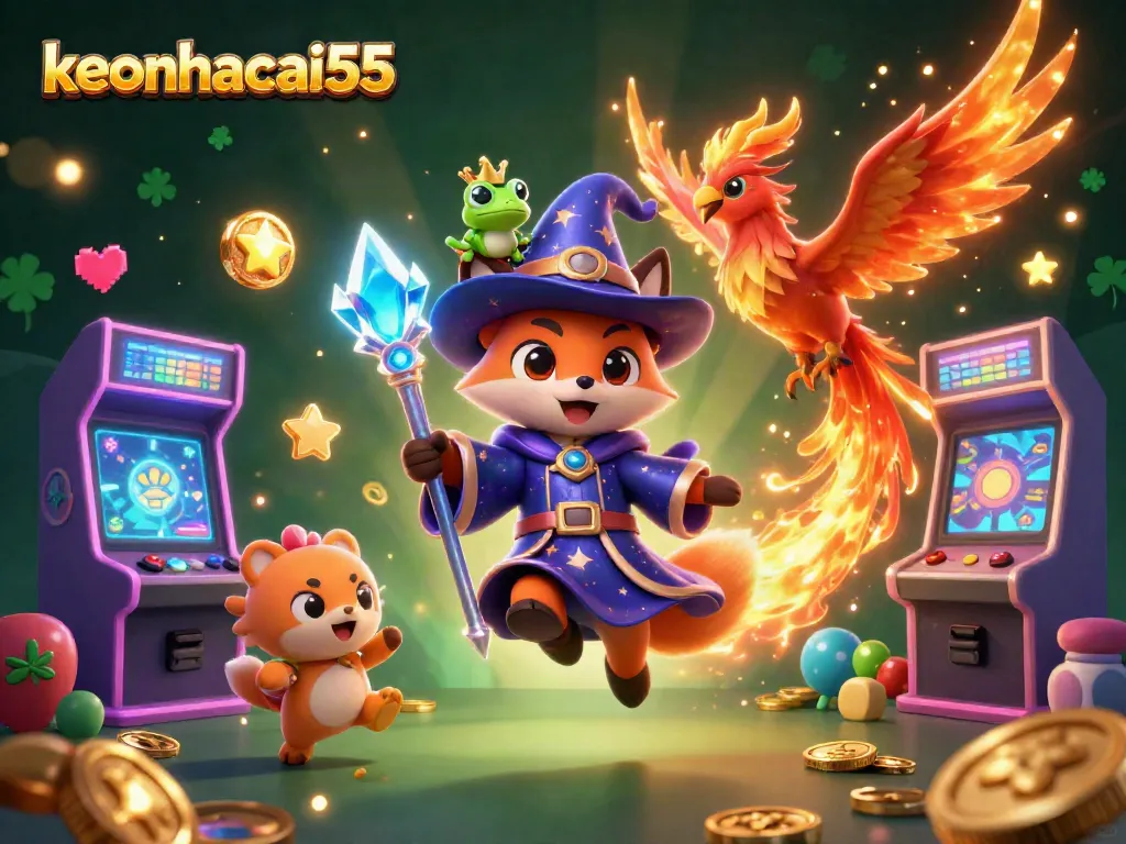 Engage with keonhacai55's colorful 3D casino adventure featuring a wizard, phoenix, and enchanted frog.