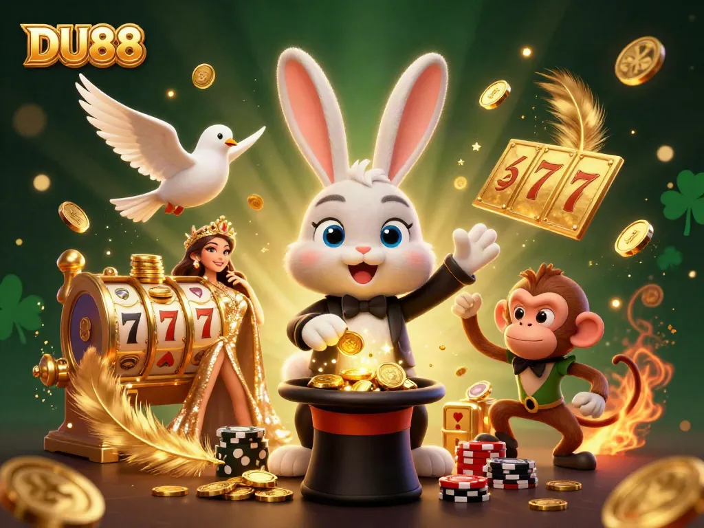 Engage with DU88's magical features as a cartoon magician rabbit conjures golden coins in a dynamic casino scene.