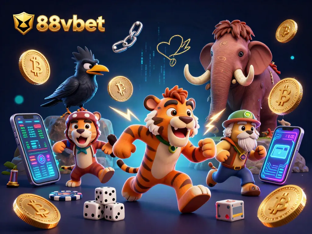 Engage with 88vbet's dynamic 3D cartoon casino scene featuring prehistoric characters and vibrant gaming elements.