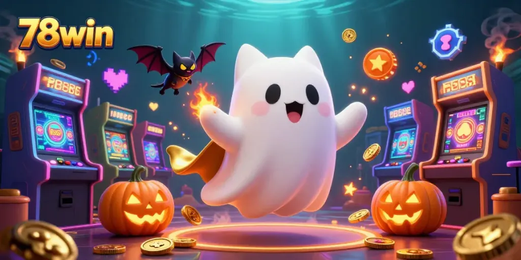 Join the fun at 78win with this vibrant casino scene featuring a ghost cat and vampire bat!