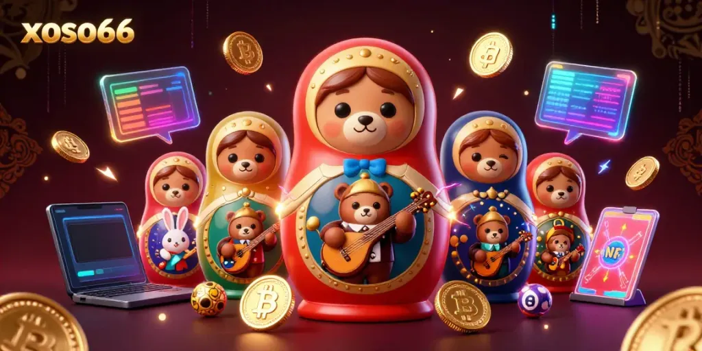 Engage with xoso66 in a vibrant 3D casino illustration featuring unique characters and crypto elements.