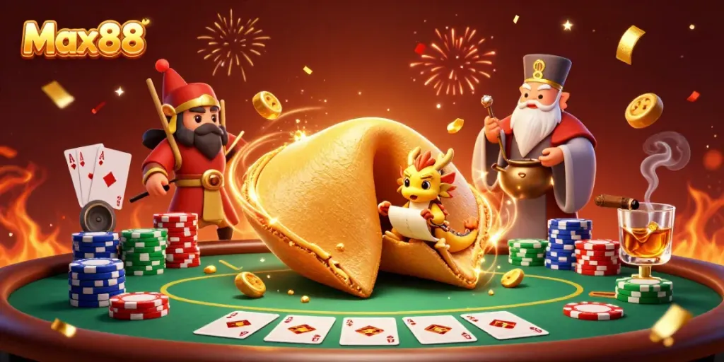 Experience thrilling gaming at Max88 with a vibrant 3D illustration of a golden fortune cookie scene.