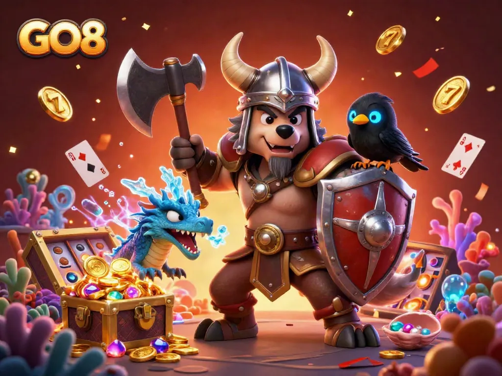 Experience thrilling gambling action with GO8's Viking warrior and dragon amidst floating slot machines and treasure.