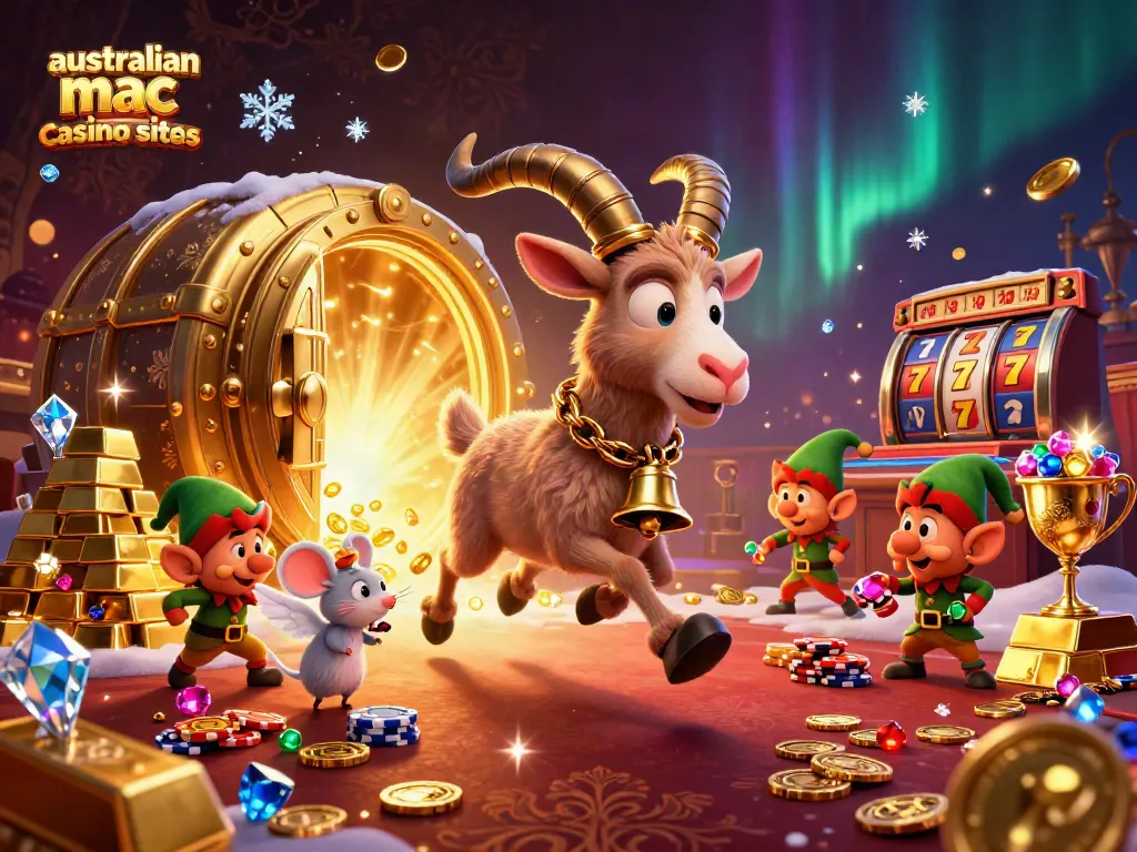 Experience australian mac casino sites with a festive Krampus goat and angel mouse scene amidst rich gaming elements.