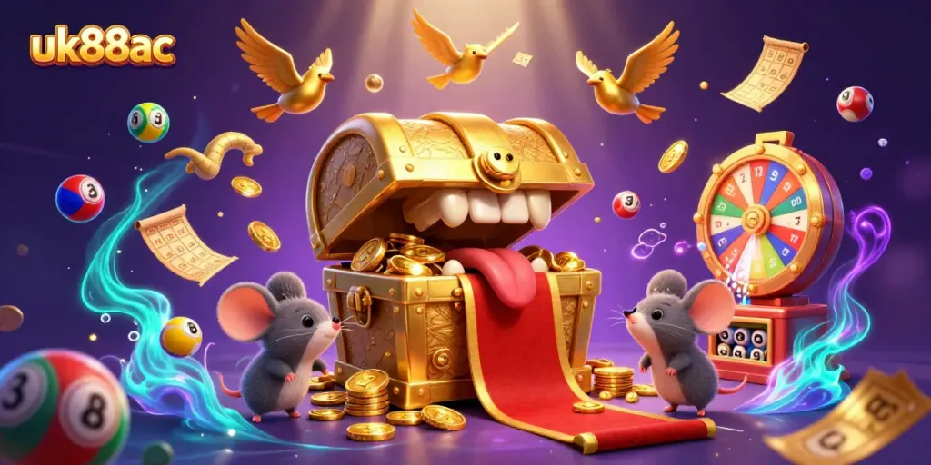 Engage in exciting casino gameplay at uk88ac with vibrant lottery elements and golden treasures.