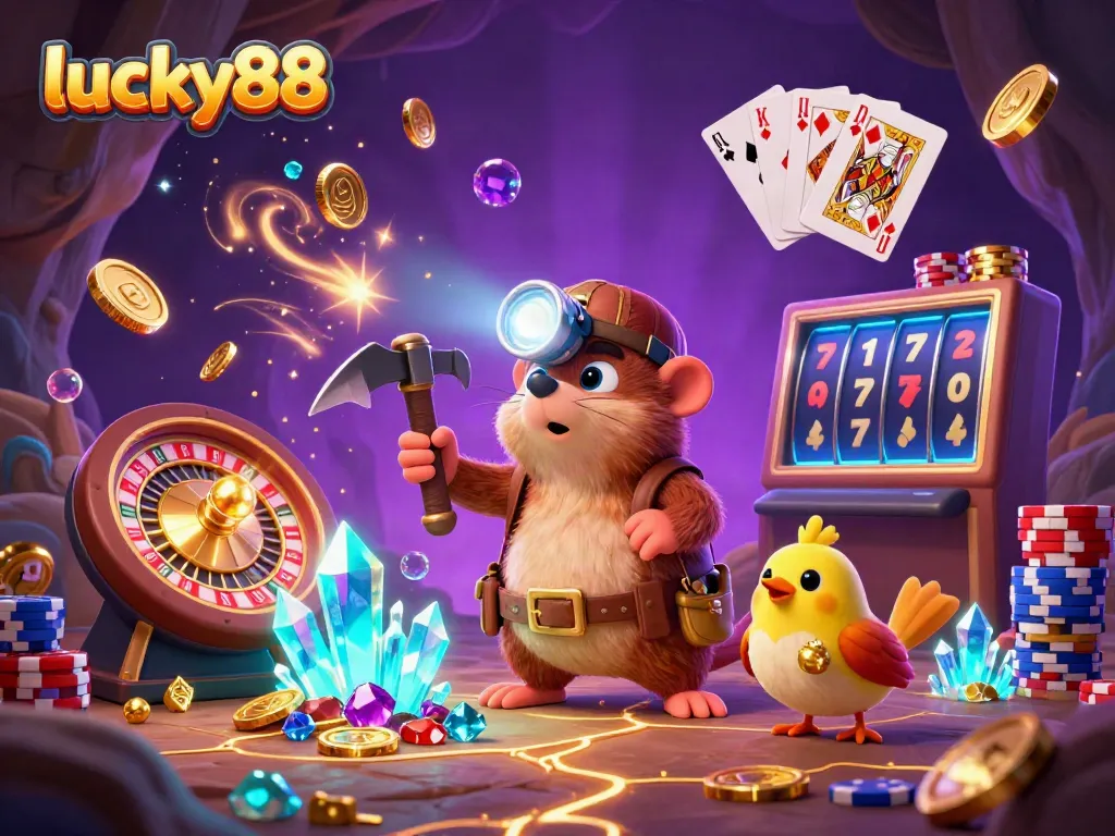 Experience a thrilling lucky88 casino adventure with a treasure hunter mole finding gems amidst golden coins.