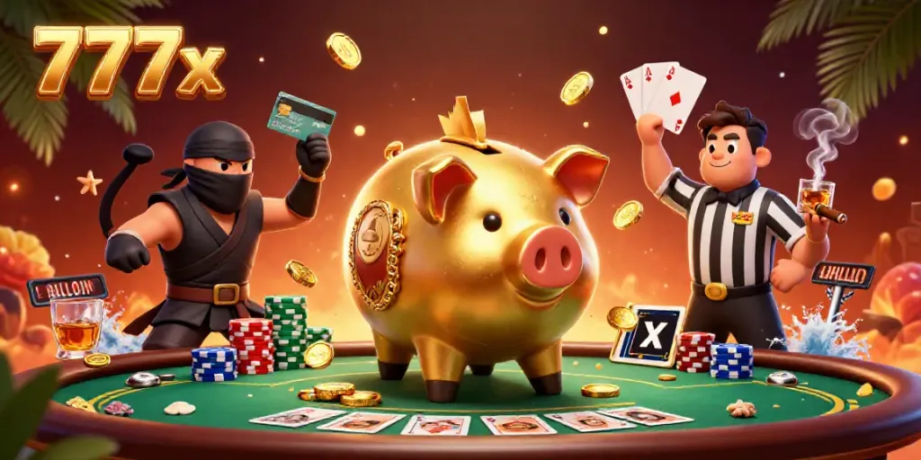 Engage with the golden piggy bank sumo wrestler at 777x, surrounded by a vibrant poker scene full of action.